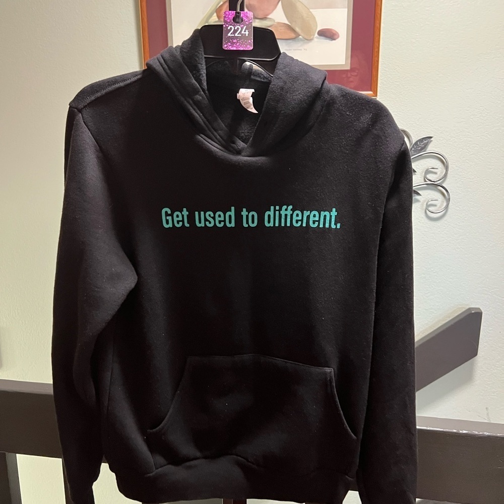Bella Canvas Black Hoodie with Teal Text “get Used To Different” The Chosen #224